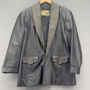 Vintage‎ Atlantic Beach Black Leather Blazer Jacket Studded Western XL - READ